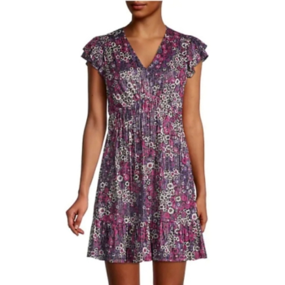 Michael Kors Dresses & Skirts - MICHAEL KORS MK Women's Zinnia Floral Ruched Mini Dress Flounce Hem Purple Dress